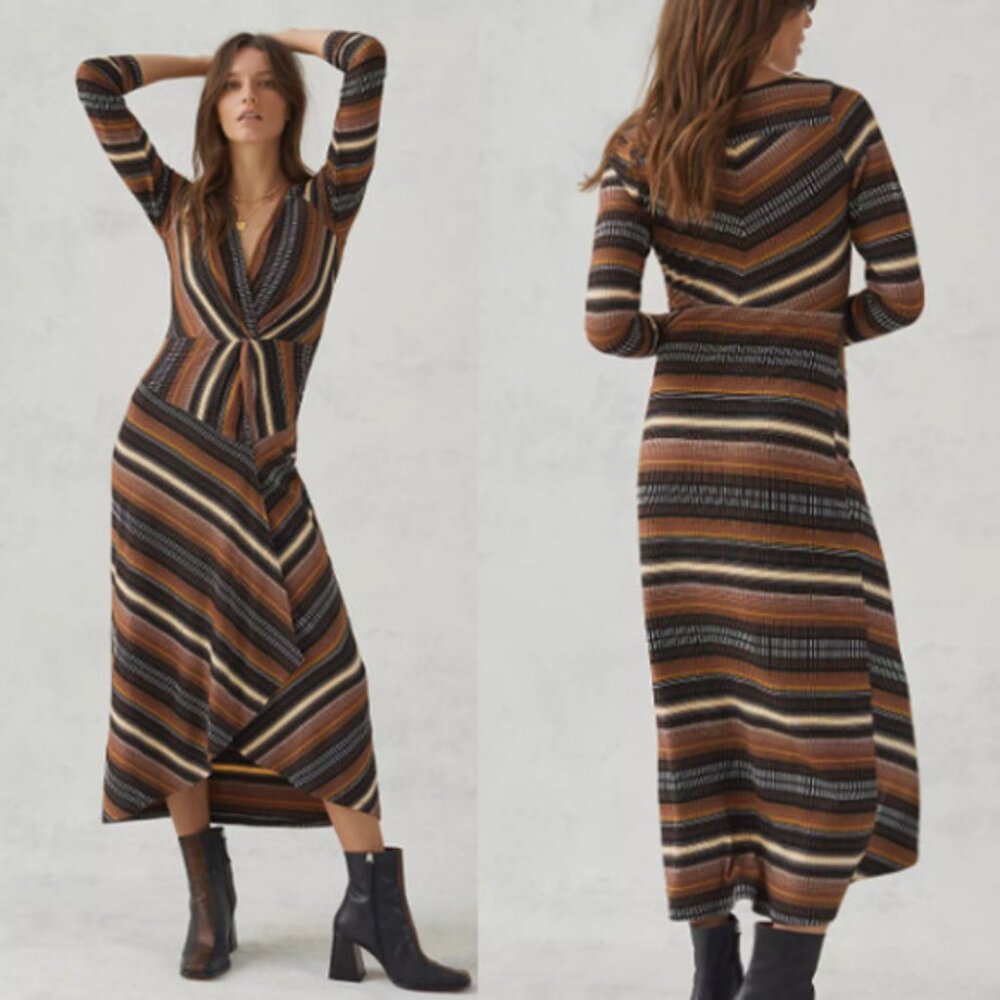 Maeve Anthropologie Women’s Wrap Maxi Dress Small Brown Stripe Long Sleeve